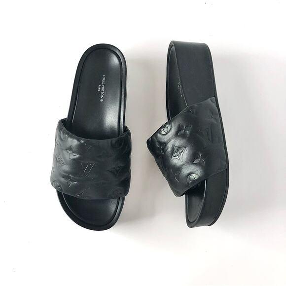 Louis Vuitton Shoes - Louis Vuitton Jumbo Flatform Monogram Mules Black Leather Slip On Sandals 38